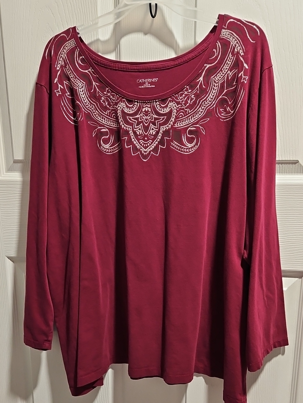 Catherines Maroon Long-Sleeve Scoop Neck Top with Silver Scroll Yoke